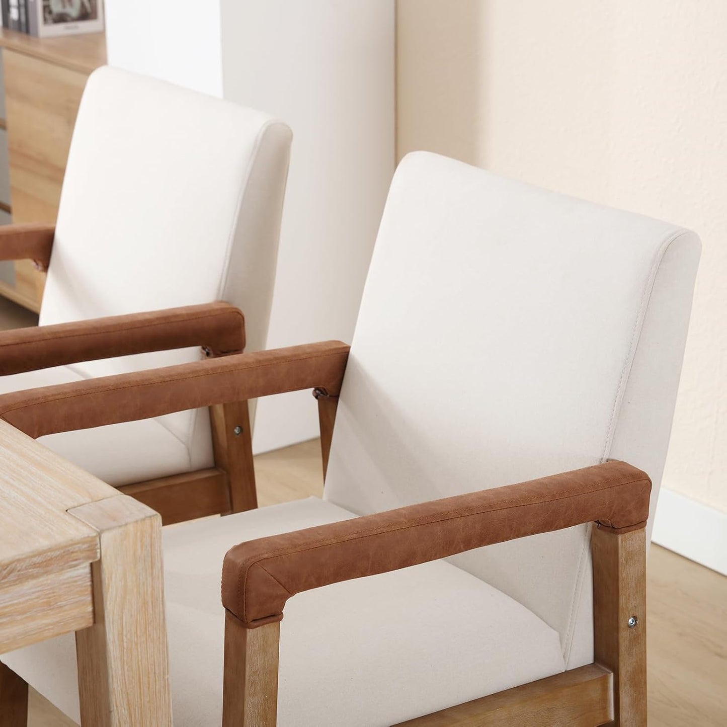 Kmax Modern Dining Chairs Set of 2 Linen Fabric Kitchen Arm Chairs Upholstered Accent Chairs with Wooden Legs for Dining Room, Living Room, Bedroom, White