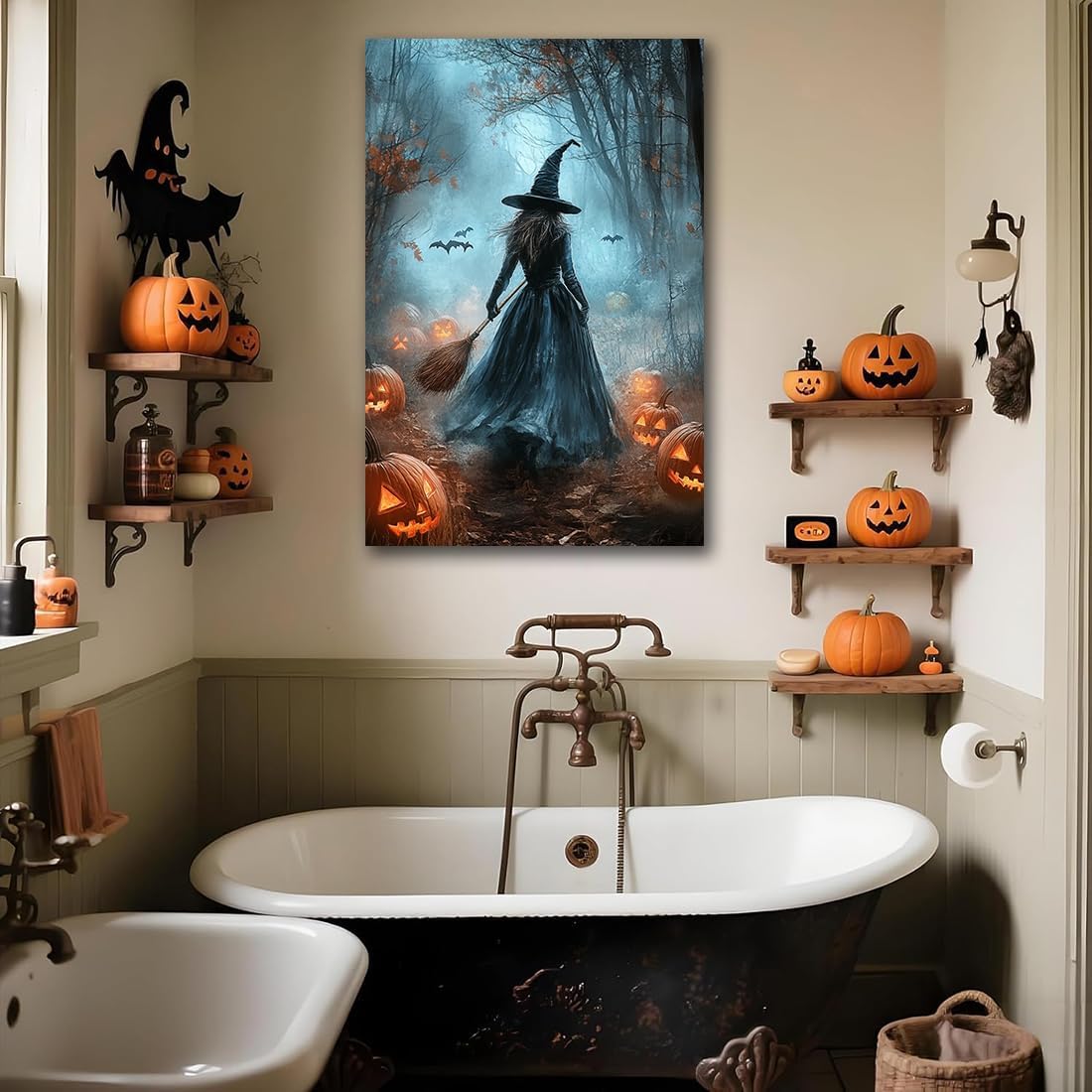 Vintage Moody Halloween Witch Artwork Wall Decor,Spooky Halloween Gothic Canvas Artwork Creepy Horror Witch with A Broom Pumpkin Bats Rustic Forest Picture,Dark Academia Poster,16"x24" Framed