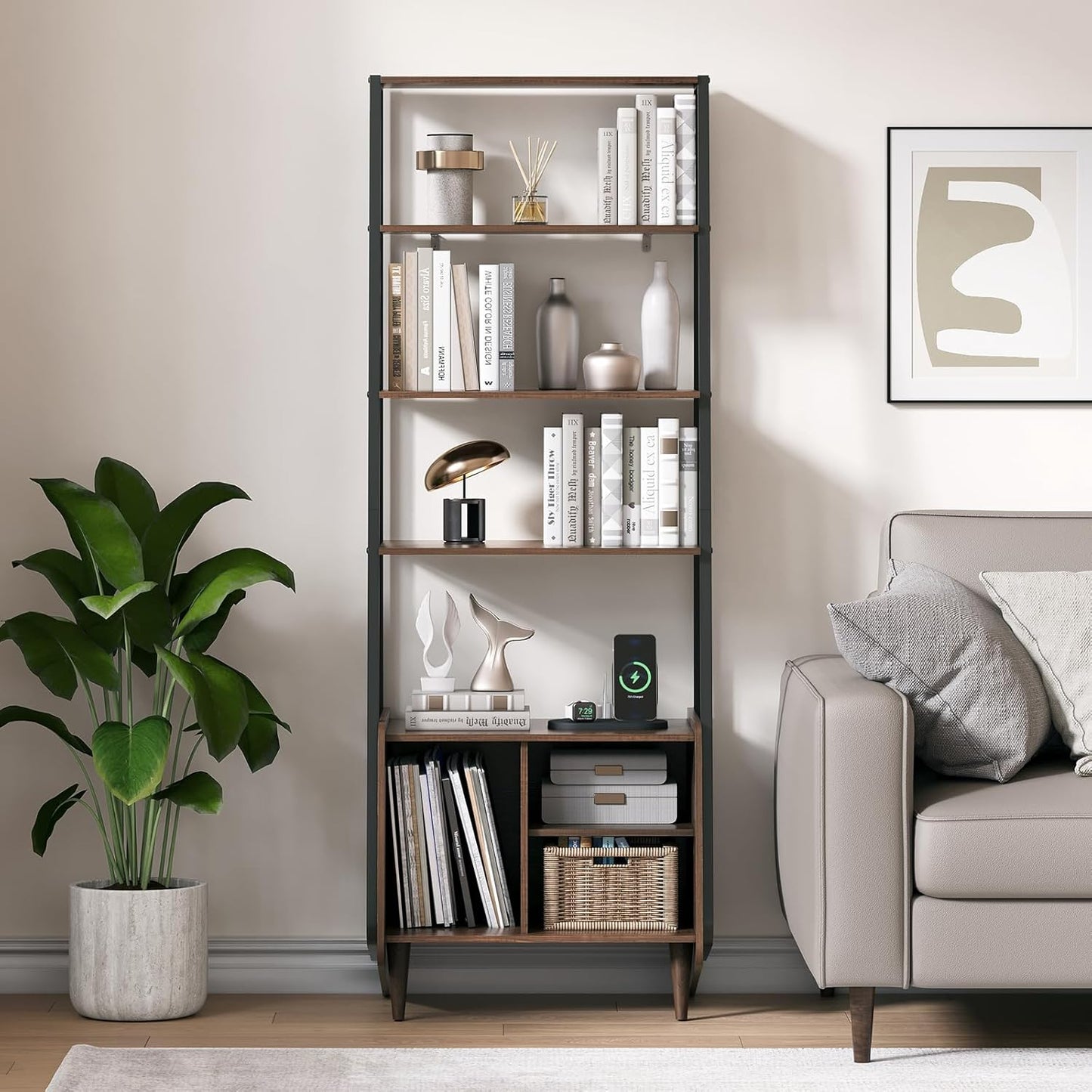 5 Tier Ladder Shelf with Cabinet, Mid Century Modern Bookshelf, Tall Bookcase with Charging Station, Wood and Metal Open Display Shelf for Living Room, Bedroom, Home Office, Walnut