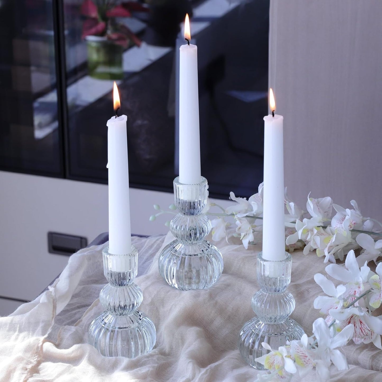 Woho Clear Ribbed Candlestick Holders 4.3" H Set of 6 for Wedding Table Centerpiece, Glass Taper Candle Holders for Holiday Home Decor, Vintage Candle Sticks Holder Decor for Thanksgiving Christmas