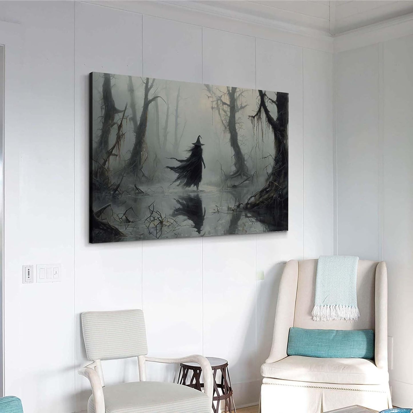 Vintage rustic swamp witch poster dark moody wall art gothic horror season halloween print for home decor retro dark moody painting12x16in Wood Framed