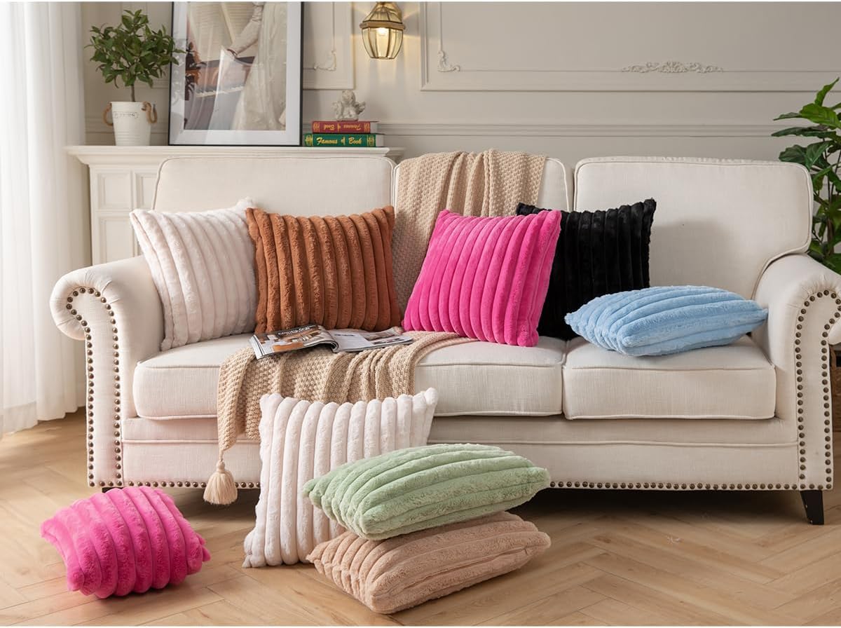 DEELAND Pack of 2,Double-Sided Faux Fur Plush Decorative Throw Pillow Covers Fuzzy Striped Soft Pillowcase Cushion Covers for Sofa Couch Bedroom Brown 20x20 inch