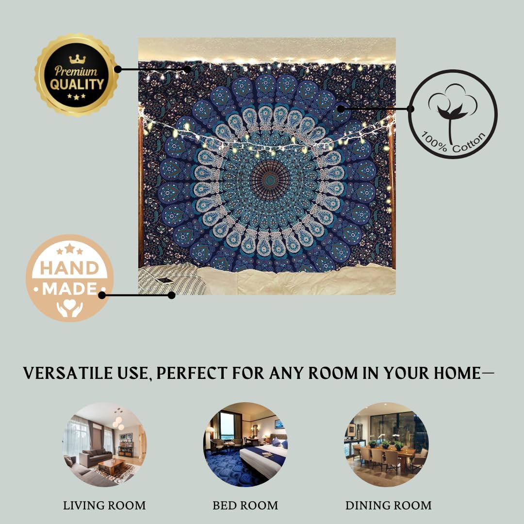 Bless International Handmade Indian hippie Bohemian Psychedelic Peacock Mandala Wall hanging College Dorm Beach Throws Table Cloth Bedding Tapestry (Black White, Queen(84x90Inches)(215x230Cms))