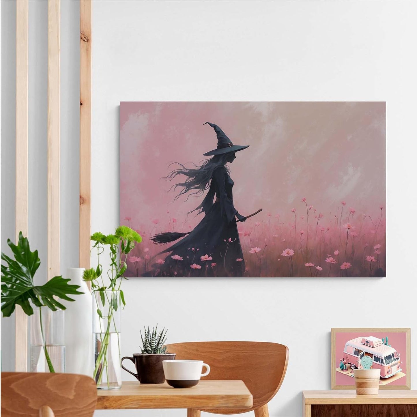 Witch in the pink sea of flowers Halloween prints weird flowers wall art silhouette painting fashionable romantic decoration suitable for bedroom16x24in Wood Framed