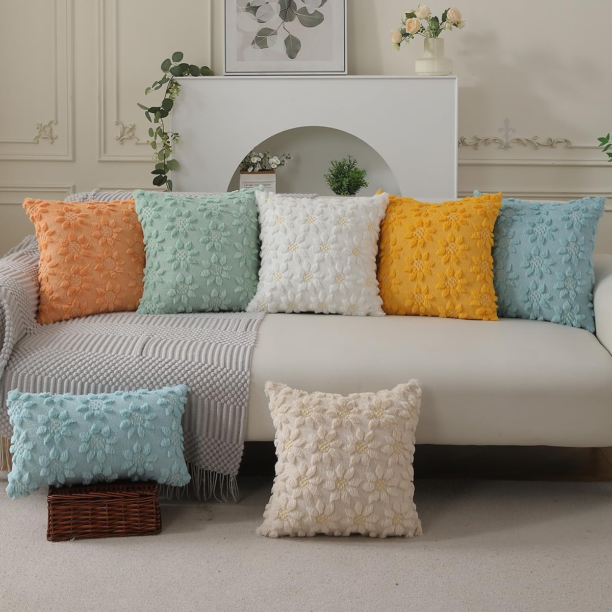 DFXSZ Spring Summer Pillow Covers 20x20 inch Set of 2 Farmhouse Decor White Flower Heart Sunflower Green Soft Plush Faux Fur Jacquard Throw Pillows for Sofa Holiday Spring Home Decor PTK024F20