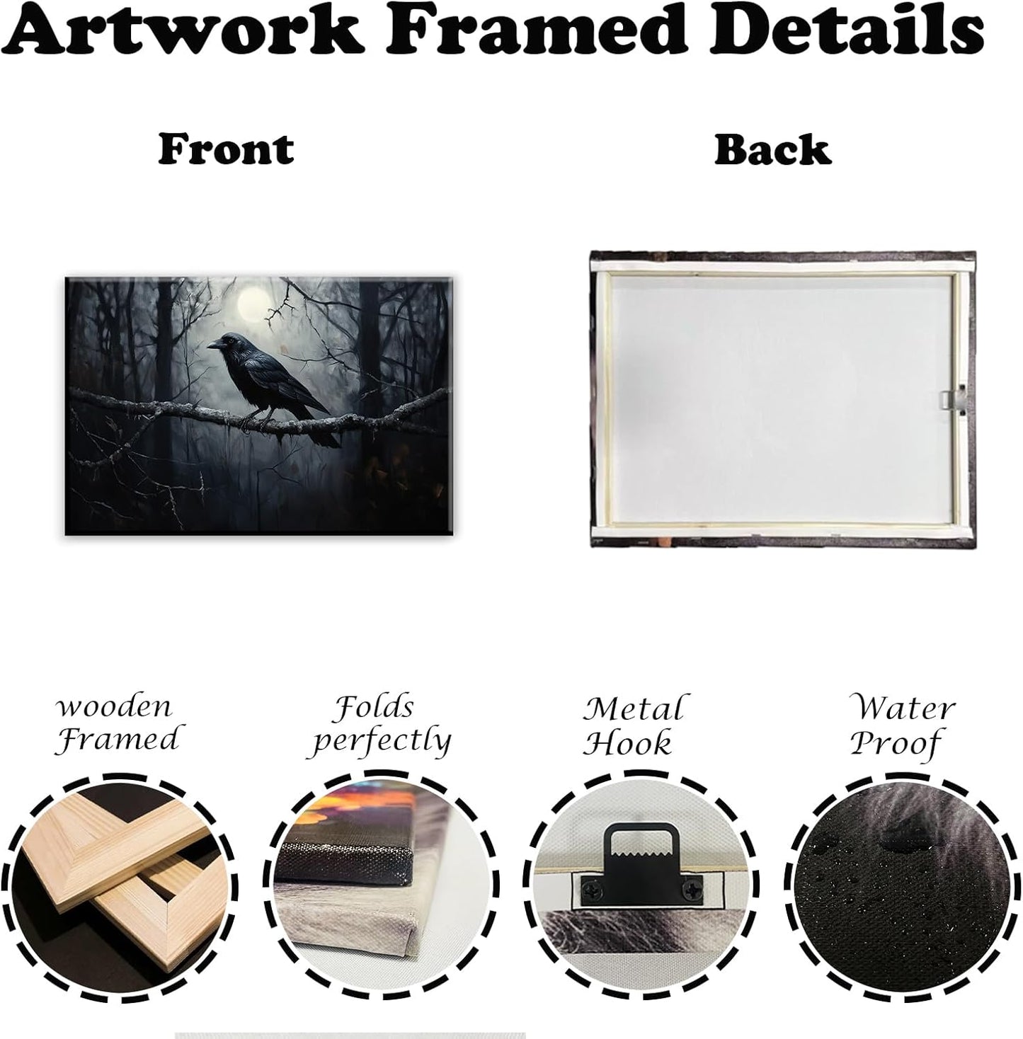 OAAPITI Crow Canvas Wall Art Black Crow Stand On The Branch Picture Print Moonlit Night Poster Vintage Forest Landscape Painting Artwork Living Room Halloween Decor(Artwork-1,28"x42")