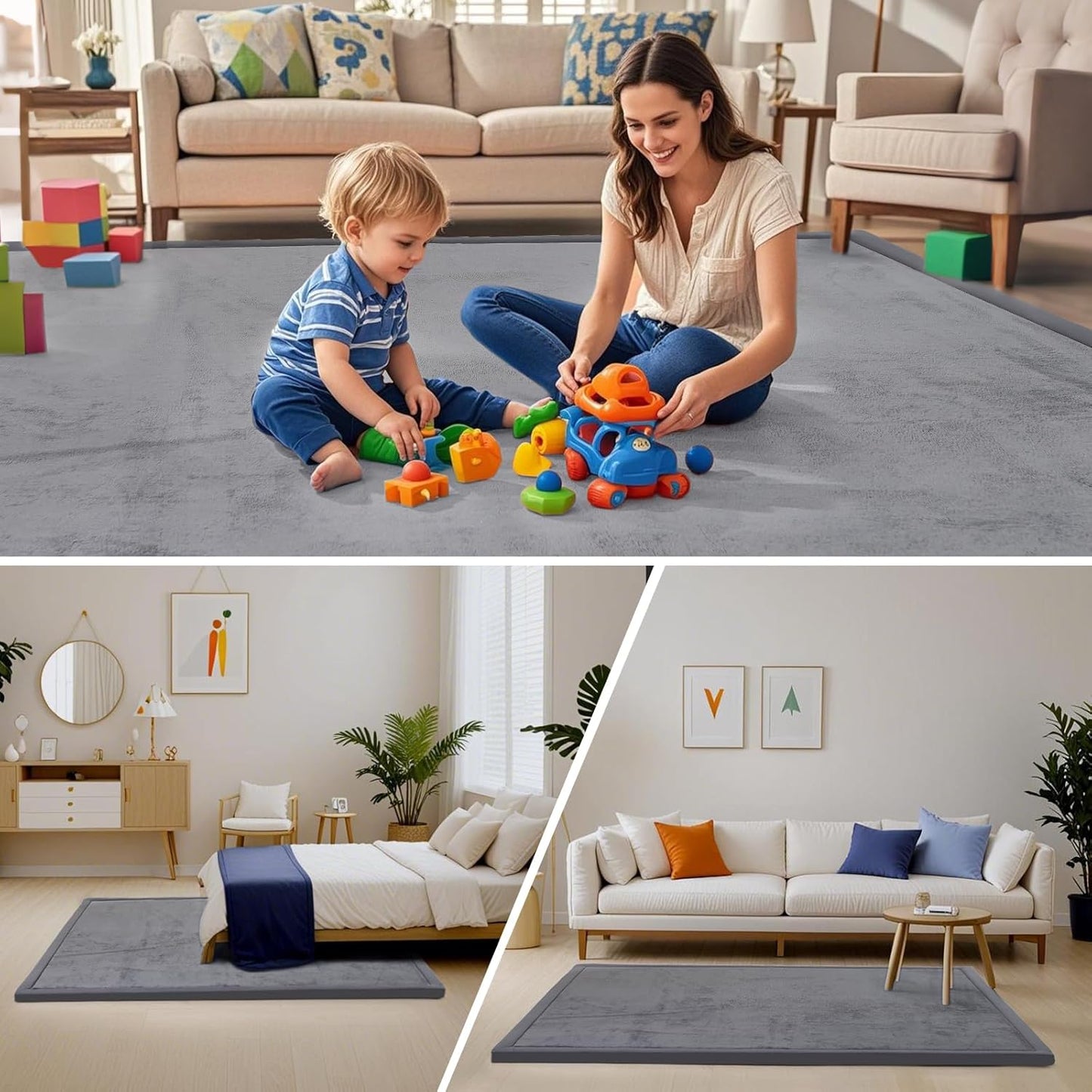 ACOMOPACK Baby Play Mat for Floor,1.3" Thick Memory Foam Area Rug for Living Room,Soft Velvet Crawling with Non-Slip Bottom for Kid,Toddler,79"×118" Tummy Time Nursery Rugs,Yoga(Dark Grey)