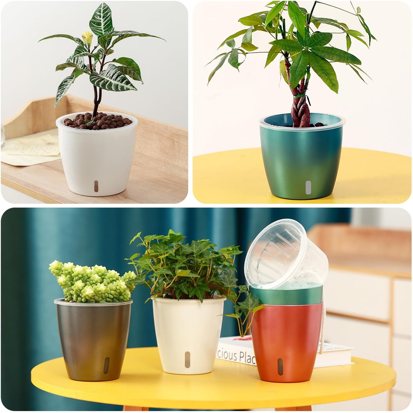 Self Watering Pots for Indoor Plants, 8-Pack 5'' Self Watering Planter with Drainage Holes, Small African Violet Pots with Water Level Indicator, Clear Wick Pot, White/Black