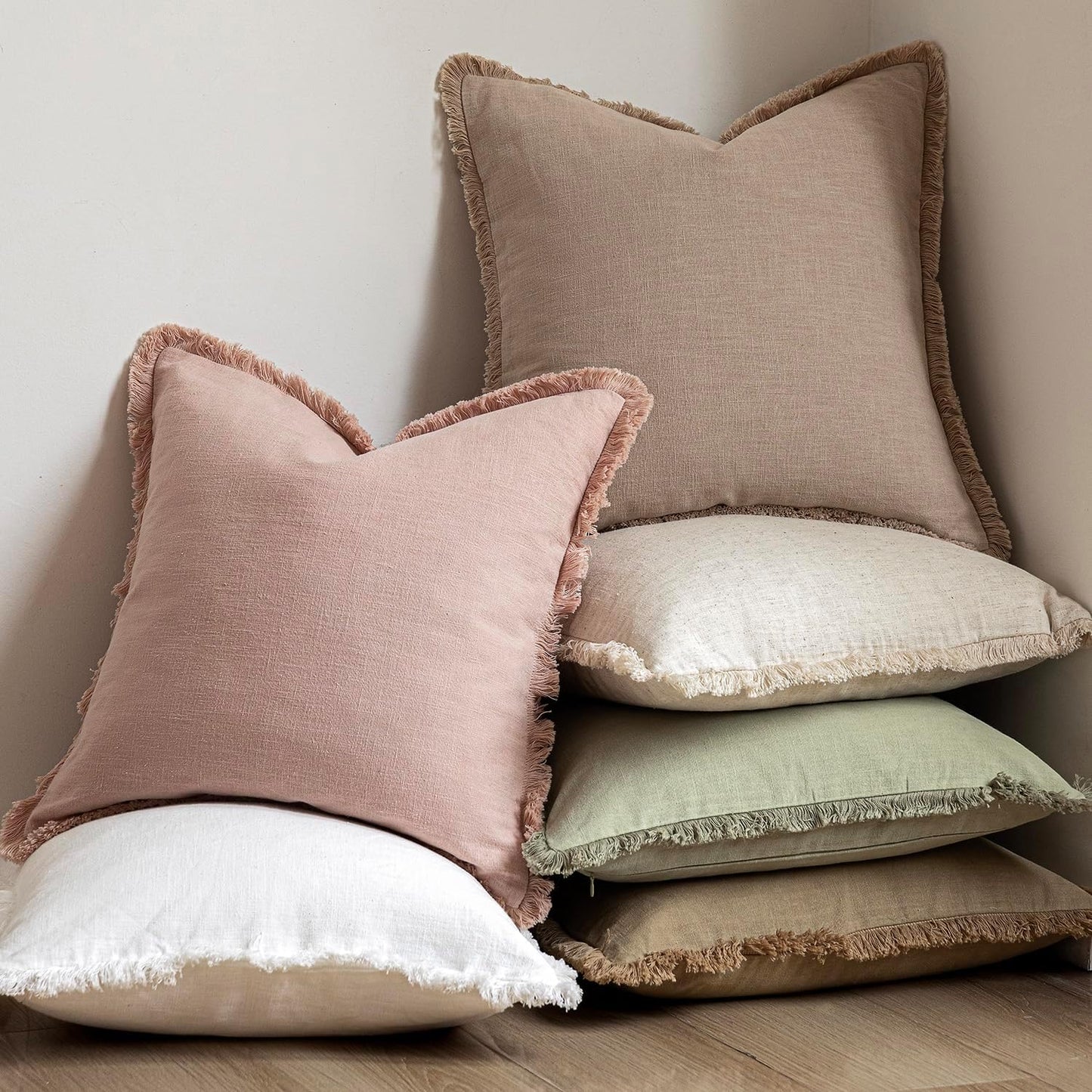 Foindtower Set of 2 Decorative Linen Fringe Throw Pillow Covers Farmhouse Cushion Cover with Tassels Lumbar Accent Pillowcase for Bed Couch Sofa Living Room Home Bedroom Decor,12×24 Inch,Light Pink