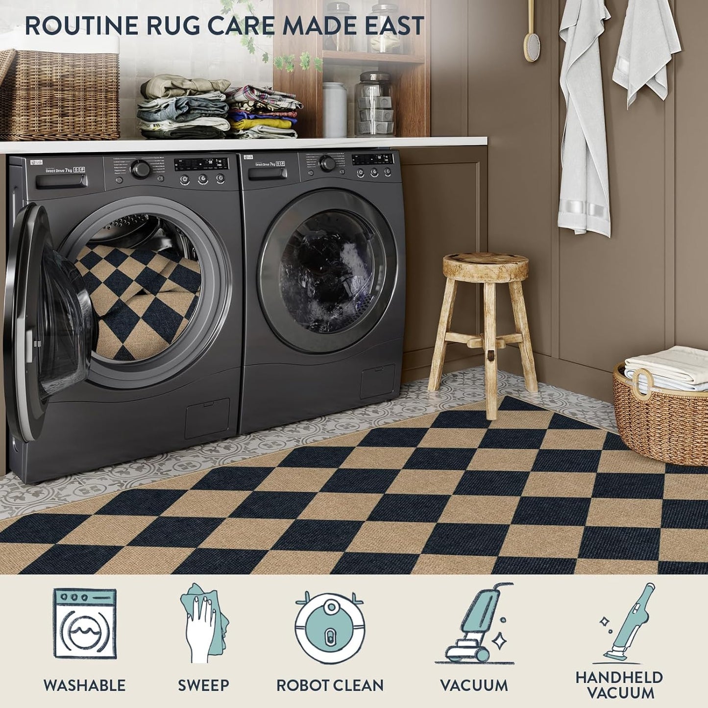 Lahome Checkered Easy Jute Runner Rug, 2x8 Hallway Kitchen Runner Rug Non Slip Washable Outdoor Carpet for Entryway Indoor, Checkerboard Black Indoor Outdoor Carpet for Hallway 8ft Entry