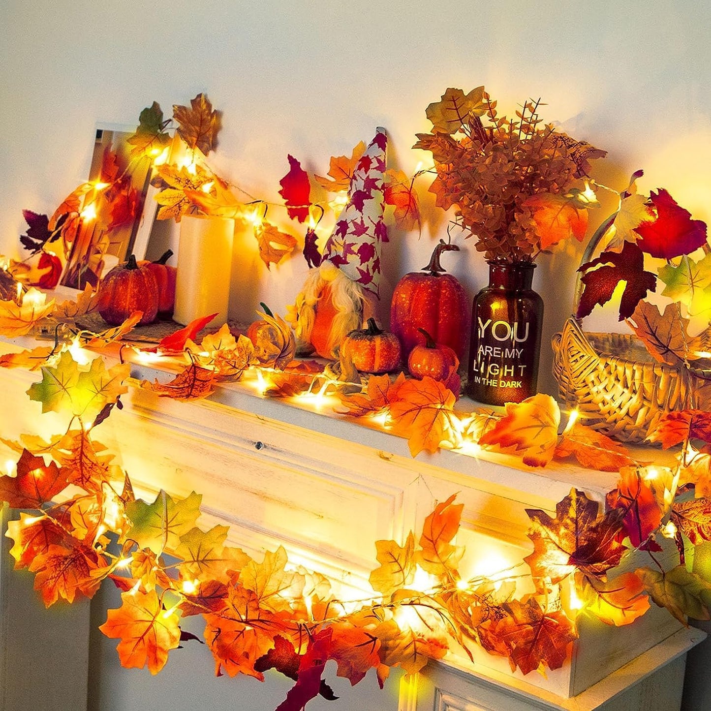 Ouddy Decor 2 Pack Fall Garland with Lights Decorations Maple Leaves Fall Lights Total 20 Ft 60 Led Mixed Color Battery Operated for Indoor Outdoor Autumn Harvest Thanksgiving Halloween Fall Decor