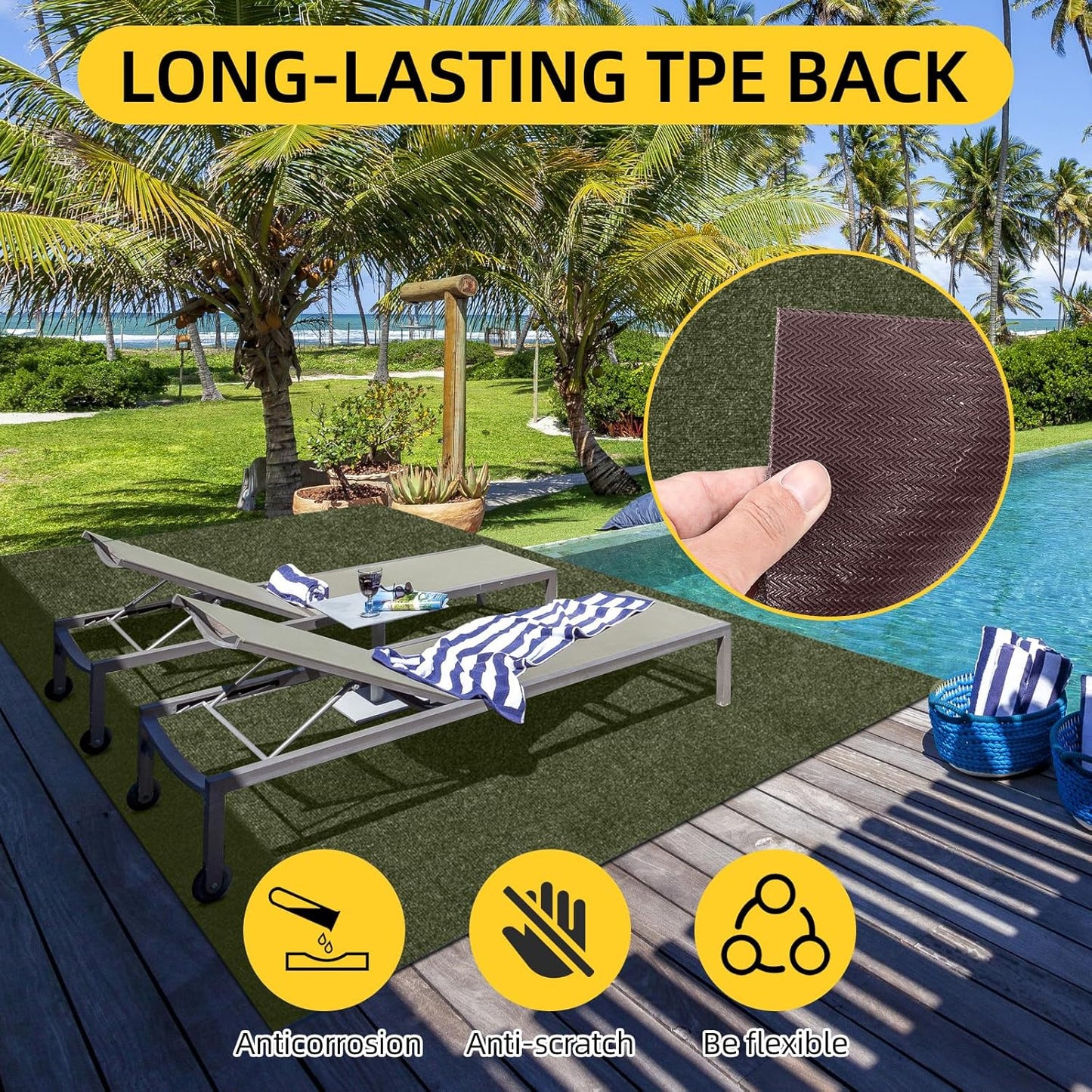 Marine Carpet,6 FT x 10 FT Olive Green Indoor Outdoor Carpet 0.2" Thick with Water-Proof TPE Backing, Non-Slide for Home, Patio, Porch, Deck