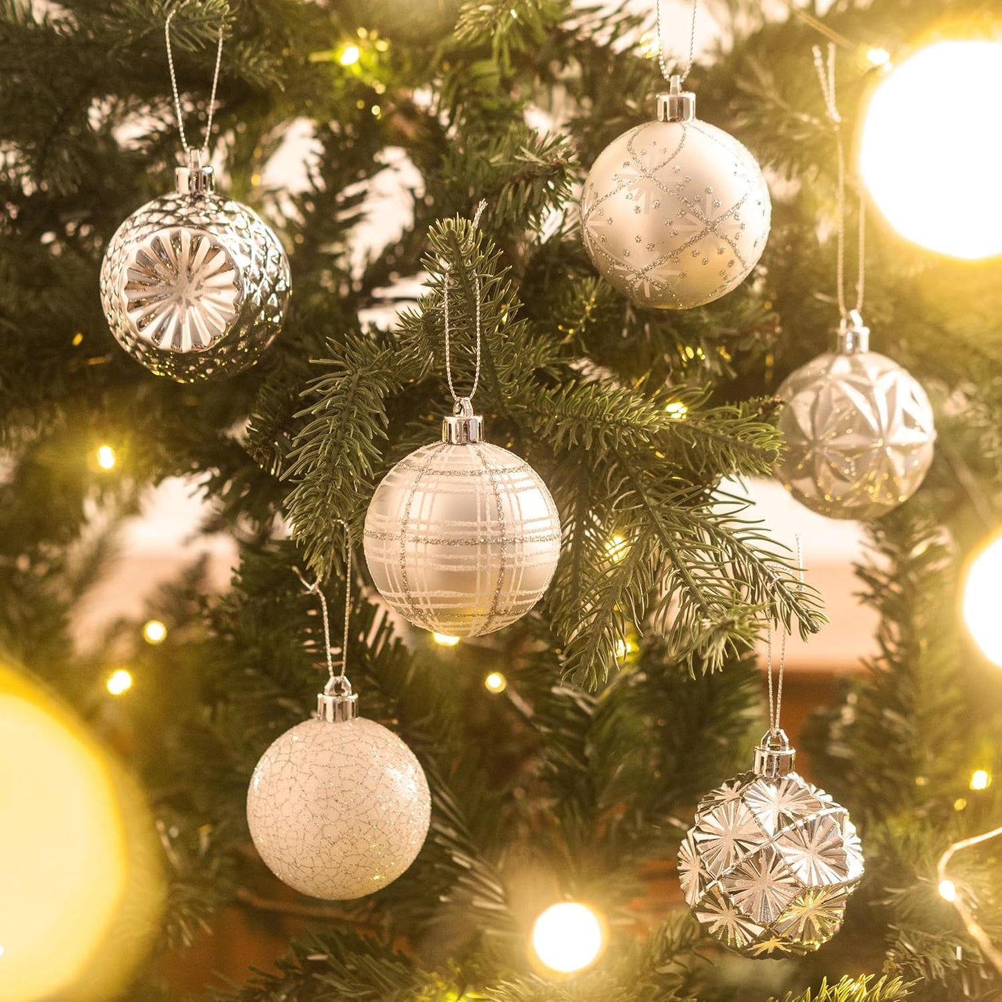 Valery Madelyn Ornaments for Christmas Trees, 16ct 2.36 Inches White and Silver Shatterproof Christmas Tree Decorations, Luxury Hanging Ball Ornaments for Xmas Holiday Party Decor