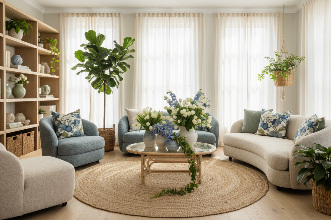 Modern spring 2026 home interior showcasing botanical blue and sage green color palette with curved furniture, oversized floral pillows, natural rattan accents, artisan ceramic vases, and biophilic design elements in warm natural lighting