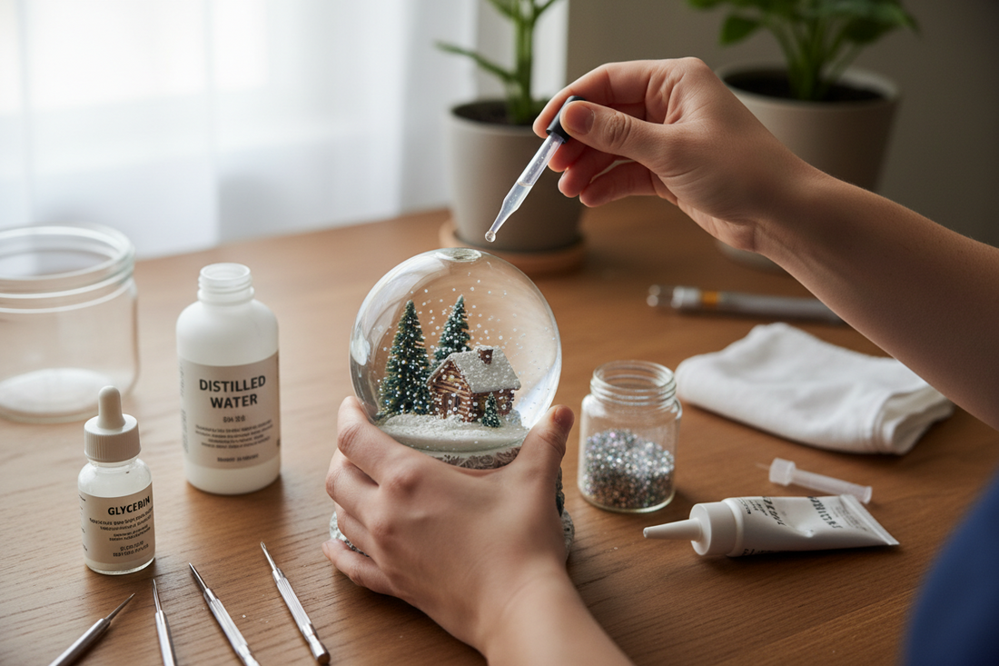 Professional DIY snow globe repair setup showing tools and materials for fixing leaks and cloudy water