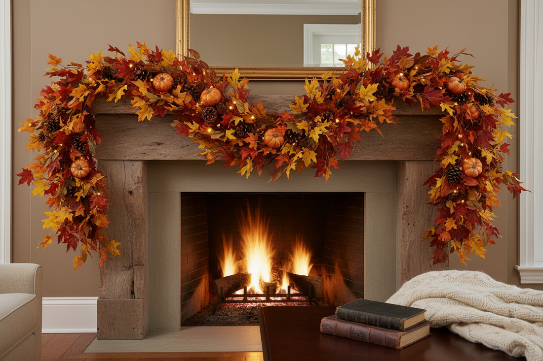 Fall garland elegantly draped across fireplace mantel with autumn leaves and decorative elements