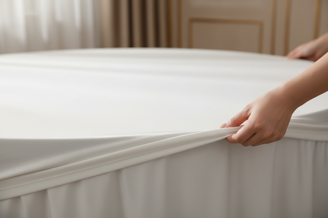  Hands fitting a white spandex tablecloth over a rectangular table showing the smooth stretch fabric and wrinkle-free finish in an elegant interior setting