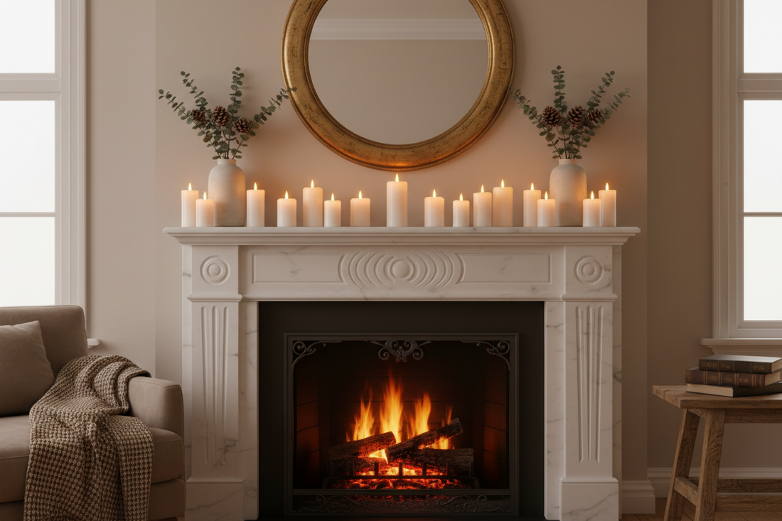 Elegant flameless LED pillar candles arranged on fireplace mantel creating warm ambiance