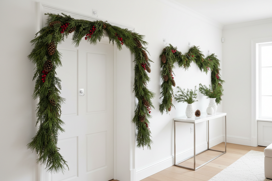Festive evergreen garland with pinecones draped on white door frame and wall using damage-free Command hooks