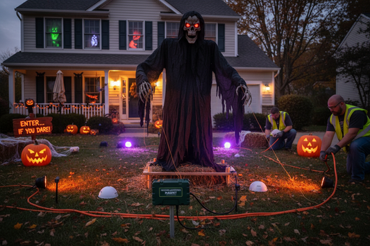 Professional Halloween animatronic setup in front yard showing motion sensor prop installation with proper weatherproof electrical connections and secure anchoring for safe outdoor Halloween decorations