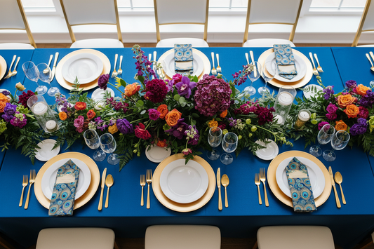 Instagram-worthy color coordinated table setting featuring sleek spandex tablecloth with layered place settings, gold chargers, crystal glassware, coordinated napkins, and floral centerpiece demonstrating professional event styling techniques