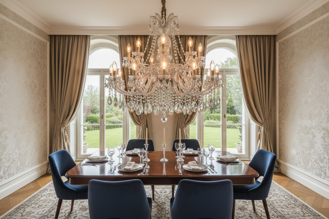 Elegant crystal chandelier with LED flame bulbs creating warm ambient lighting in a luxury dining room