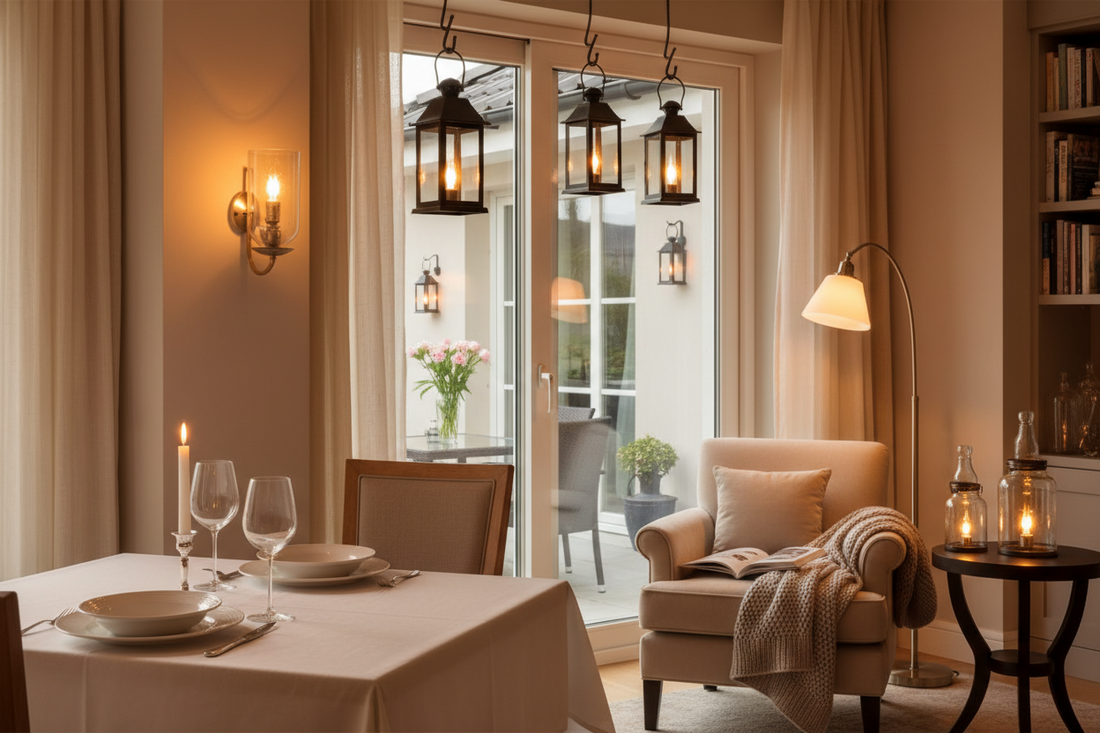 LED flame bulbs creating warm ambiance in multiple year-round settings including dining area wall sconces, reading nook floor lamp, and outdoor patio lanterns demonstrating decorative flame lights versatility beyond Halloween"