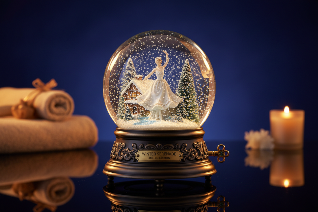 Premium musical snow globe with intricate winter scene and elegant craftsmanship on dark luxury surface