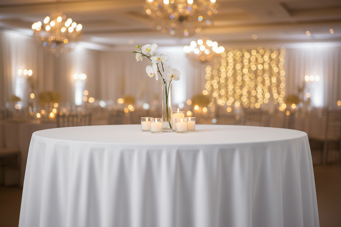 Premium white spandex tablecloth on elegant event table showing wrinkle-free appearance and professional quality