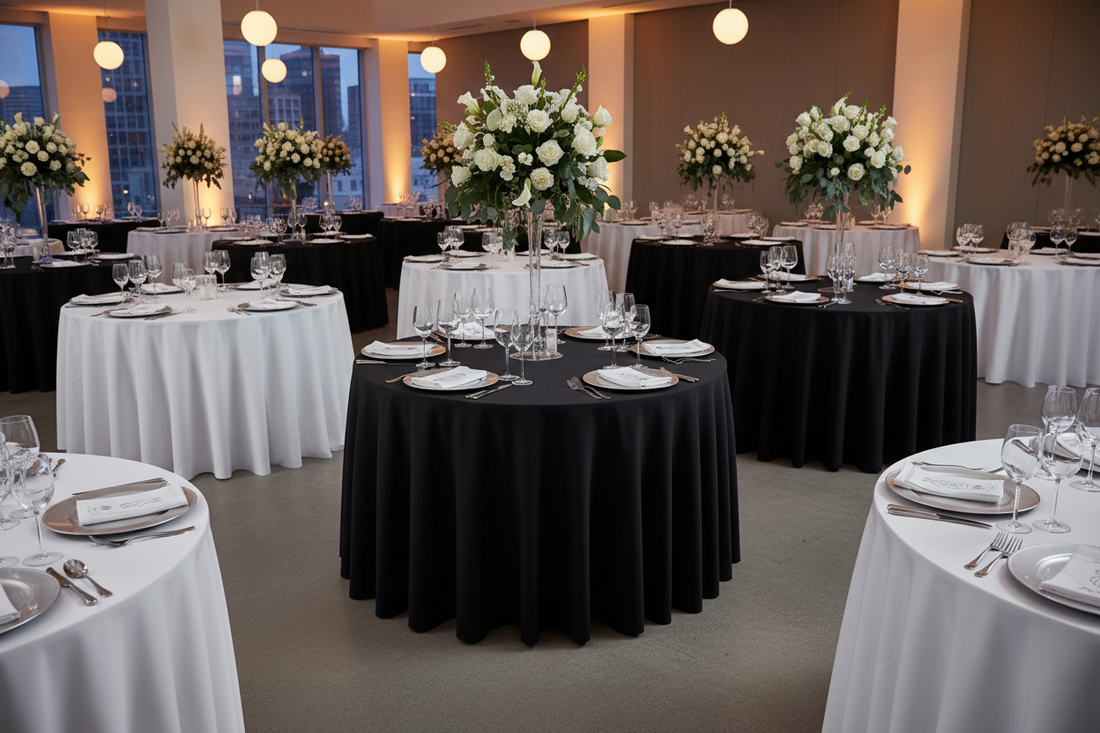 Elegant wedding reception tables with fitted black spandex tablecloths, floral centerpieces, and professional place settings at upscale event venue