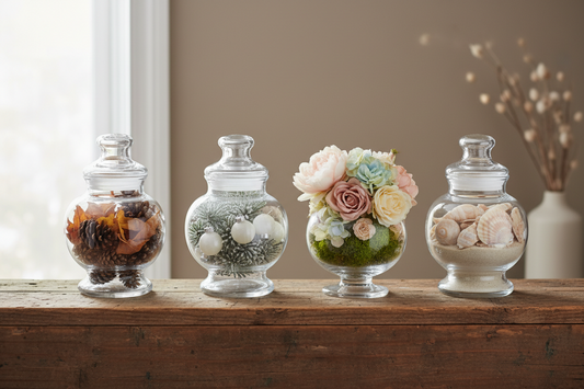 Glass apothecary jars styled with seasonal decorations including autumn pinecones, winter evergreen, spring flowers, and summer seashells on rustic wooden surface for year-round home decor inspiration