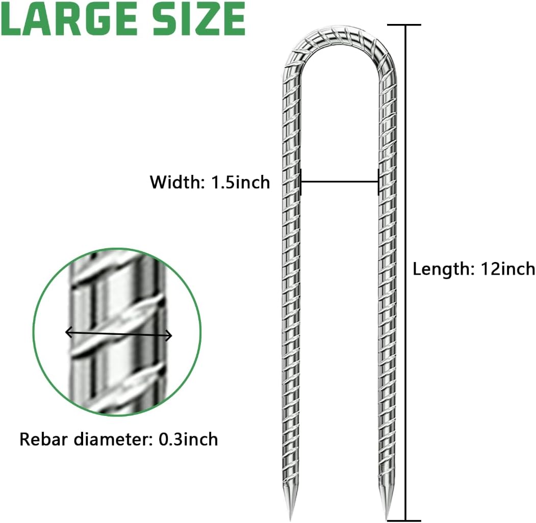 Ground-Stakes-Heavy-Duty-12 inch, U-Hook Rebar Stakes Galvanized Anti-Rust 6pcs Garden Stakes Metal Ground Anchors for Garden Dog Fence Chicken Coop Tent Trampoline Accessories Deer Fence