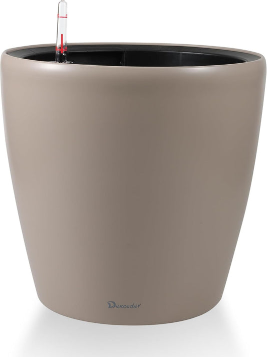 Dexceder 13x12 Self Watering Planter with Wheels Indoor Outdoor, Inner Pot Design, Thickened Large Floor Standing Flower Plant Pot with Water Level Indicator (Taupe Matte)