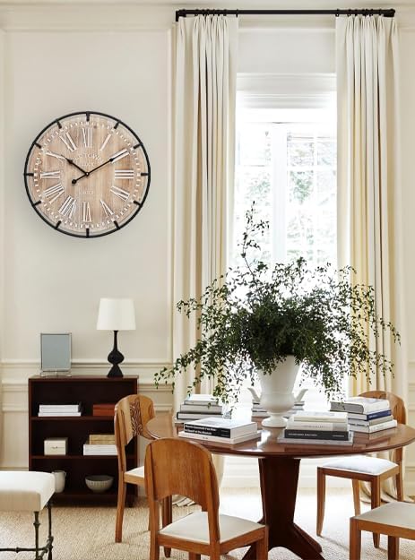 20 Inch Grand Farmhouse Wall Clock, Vintage-Inspired Wood & Metal Design with Large Etched Numbers, Silent Battery-Powered Timepiece for Offices, Kitchens, Bedrooms, and Living Rooms