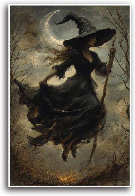 JFHCQJPK Witch in the Forest Halloween Print Wall Art Poster Witch Decor Vintage Print Dark College Wall Art Victorian Gothic Room Decor Canvas Wall Print32x48in Frameless