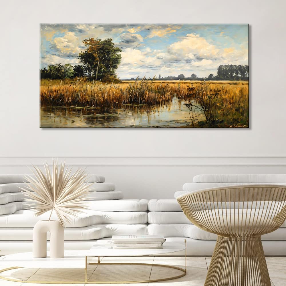 LASMOND Beautiful Wilderness Meadow Canvas Wall Art Oil Painting Reproduction Print Vintage Wildflower Field Scenery Countryside Landscape Tree Rustic Retro Decor Artwork Country Farmhouse Living Room 24x48 Inches