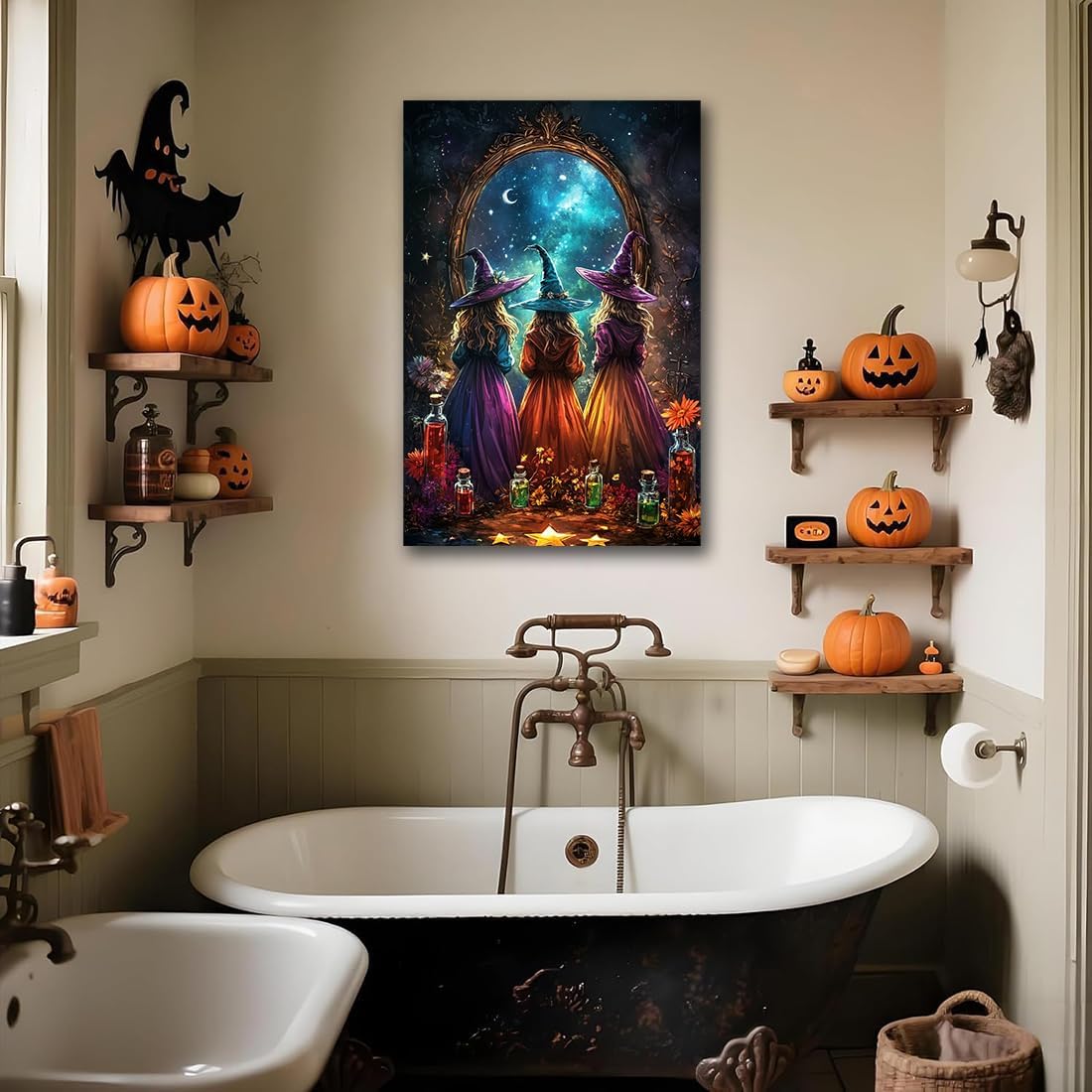Witch Poster Halloween Fall Wall Art Decor,Three Witches with Magic Potion Mirror Colorful Vintage Print,Dark Academia Spooky Canvas Art Prints for Home Living Room,12"x18" Framed