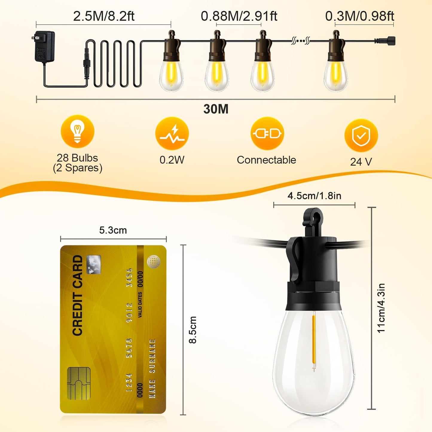 Outdoor String Lights Patio LED Light Outside - 30M 28+2 S14 LED 100ft Porch Lighting IP65 Waterproof