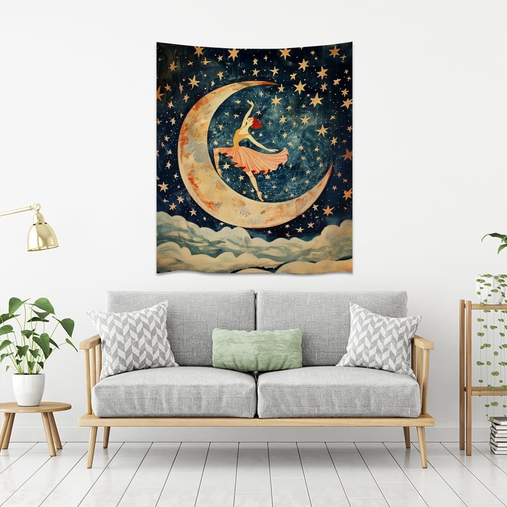 Dancer on the Moon Tapestry Starry Night Sky Art Print Dark Academia Gothic Aesthetic Wall Hanging Stars Moon Clouds Tapestries Whimsical Wall Decor for Nursery Bedroom 40x60inch