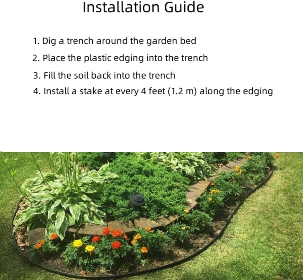 Black Plastic Garden Landscape Edging, 5” Tall Border Coil, Flexible and Strengthened with Anti-UV Treatment (100ft with 30pcs Stakes)