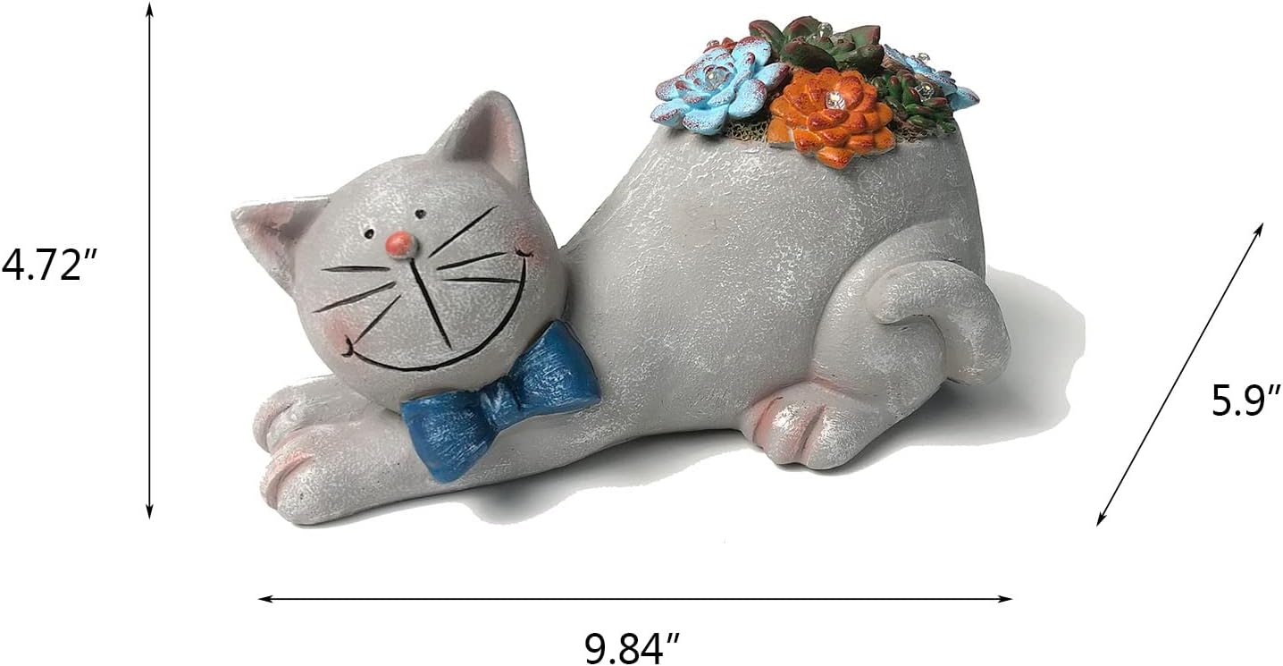 Cat Garden Figurines Outdoor Decor Solar Statue with Succulent and LED Lights for Patio Lawn Yard Art Decoration Housewarming Garden Gift