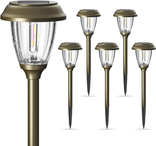 XMCOSY+ Solar Lights Outdoor 10/25 LM LED with 2 Lighting Modes, Solar Garden Lights Glass and Metal, IP65 Waterproof Solar Powered for Yard Pathway Walkway Driveway Patio (6 Pack, Warm White)
