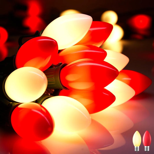 Vintage C9 LED Christmas Lights Outdoor, 50 Feet C9 String Lights with 50 Shatterproof Matte Bulbs, Connectable Waterproof Lights for Holiday Party Roofline Backyard Garden Patio, R & Warm White