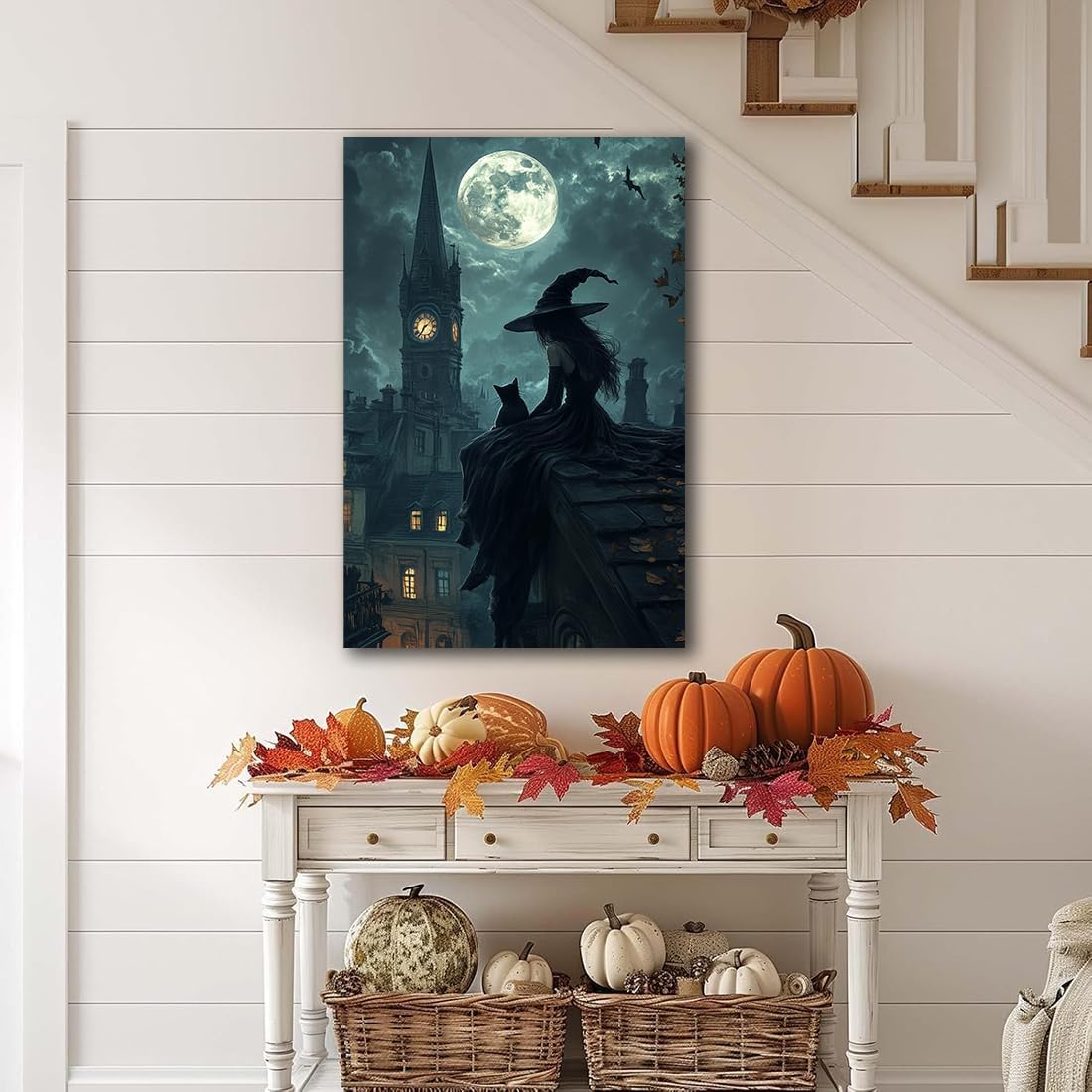 Halloween Witch Black Cat Wall Art,Magical Moon Witch on Roof with Black Cat at Night Scene Painting Haunting Dark Witches Canvas Print for Haunted House Party Decor Poster,12"x18" Framed