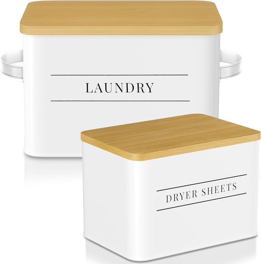 Metal Dryer Sheet Holder with Lid – Set of 2 Storage Bins for Laundry Room Organization & Home Decor – Classic White Metal Organizers and Containers with Lids - Sheet Organizers and Storage