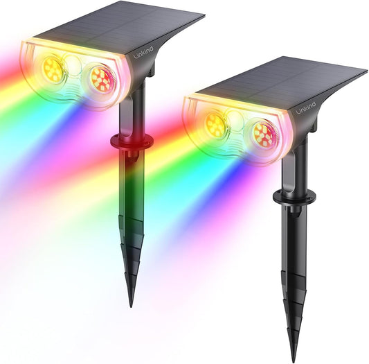 Linkind Solar Lights Outdoor Waterproof IP67, StarRay RGB Solar Spot Lights Outdoor, Color Changing Outdoor Solar Lights for Yard, Garden, Pathway, Decorations (Multicolor, 2 Pack)