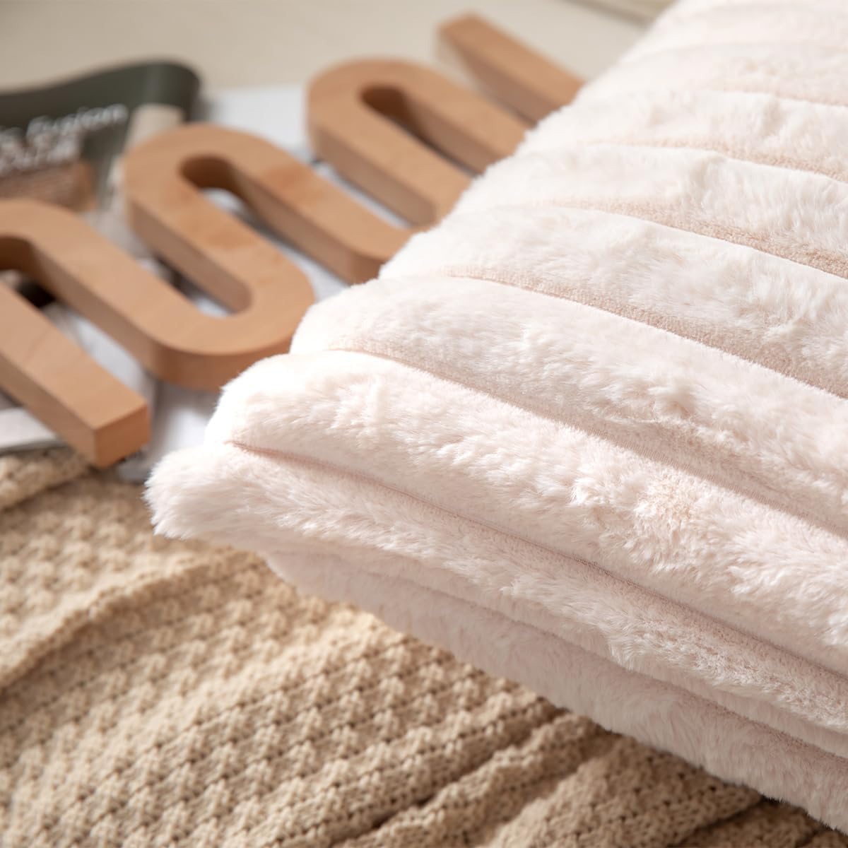 DEELAND Pack of 2,Double-Sided Faux Fur Plush Decorative Throw Pillow Covers Fuzzy Striped Soft Pillowcase Cushion Covers for Sofa Couch Bedroom Beige 18x18 inch