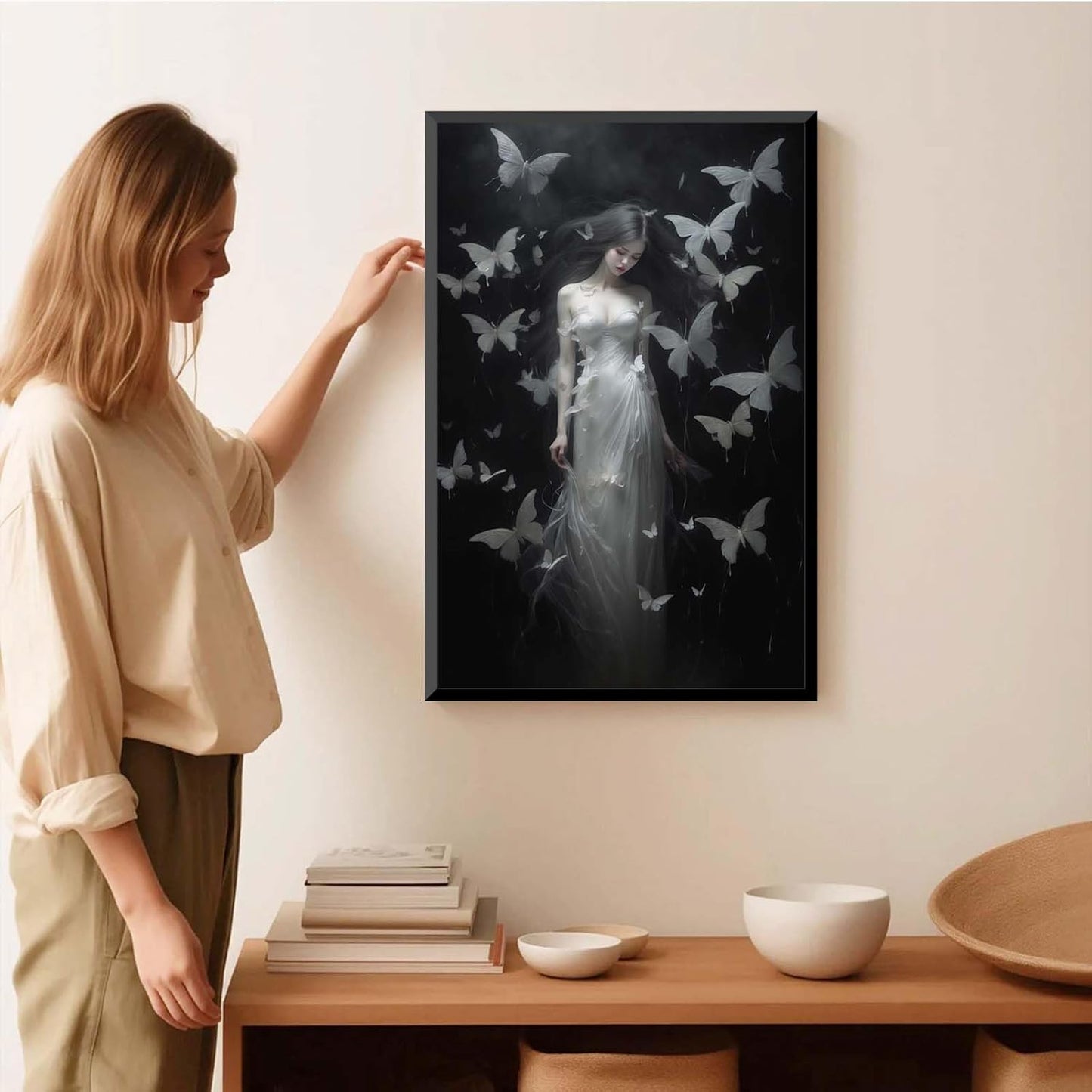 JFHCQJPK Vintage Gothic Feminine Canvas Wall Art Print Butterfly Poster Moody Female Wall Art Retro Artwork Dark College Decor for Home Bedroom8x12in Metal blackFramed