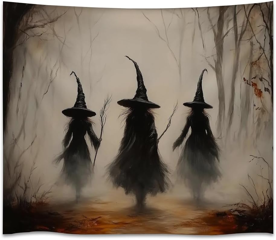 Witchy Halloween Tapestry Wall Hanging Vintage Spooky Witch Room Print Dark Academia Autumn Forest Three Witches Tapestries Decor for Halloween Living Room Bedroom Decoration 30x40inch
