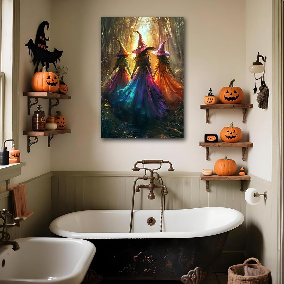 Halloween Room Decor Wall Art Colorful Witch Prints,Vintage Three Colorful Witches in Forest Halloween Posters,Fall Fantasy Aesthetic Pictures Playful Art Wall Decor for Bedroom,12"x18" Framed